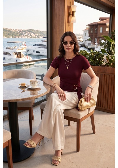 Lela Toka Detaylı Fitted Fit Kayık Yaka Bluz Bayan Bluz 5862707 Mürdüm