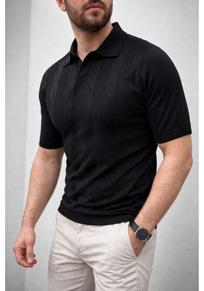 Erkek Yazlık Triko Dokuma Tişört Kısa Kol Polo Yaka T-shirt - Siyah