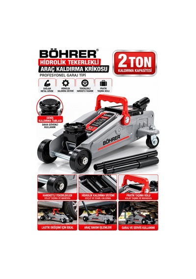 Böhrer 2 Ton Hidrolik Tekerlekli Timsah Kriko Profesyonel Garaj Tipi Araç Kaldırma Krikosu, Taşıma Kollu Oto Kriko - Ba0115448