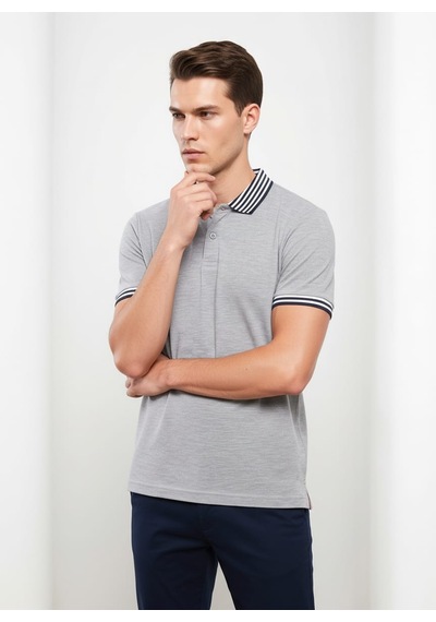 Giyim Dünyası Erkek Yaka Çizgili Polo Yaka Kısa Kol Tshirt Gri