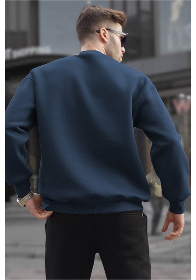 Madmext Bisiklet Yaka Oversize Şardonlu Basic Erkek Sweatshirt 6048 Lacivert