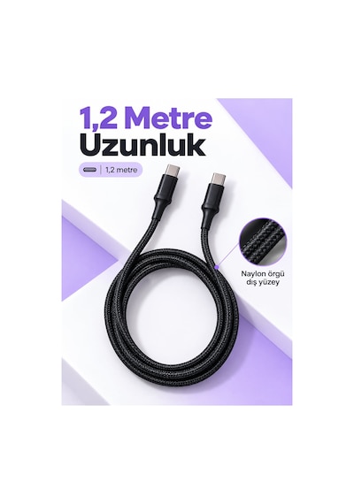 Telefon Ve Tablet İçin Type C To Type C Örgülü Şarj Kablosu Siyah
