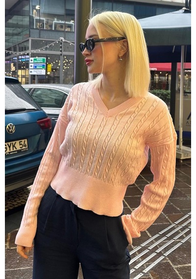 Madmext Pembe V Yaka Örgülü Triko Kadın Kazak Mg2258 Pembe