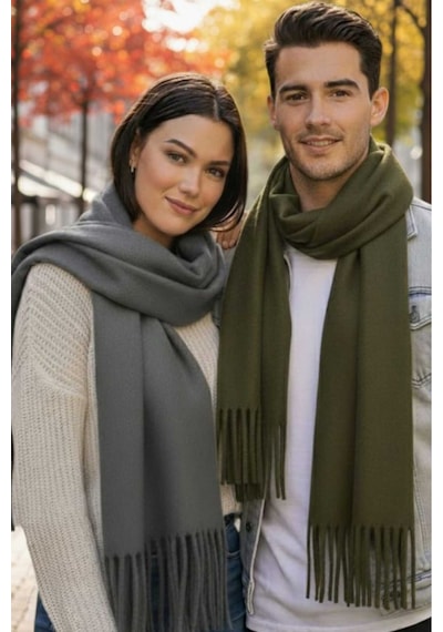 Tezzgelsin Unisex Yumuşak Dokulu Püsküllü Kışlık Buklet Atkı Şal 2'li Set Gri - Yeşil
