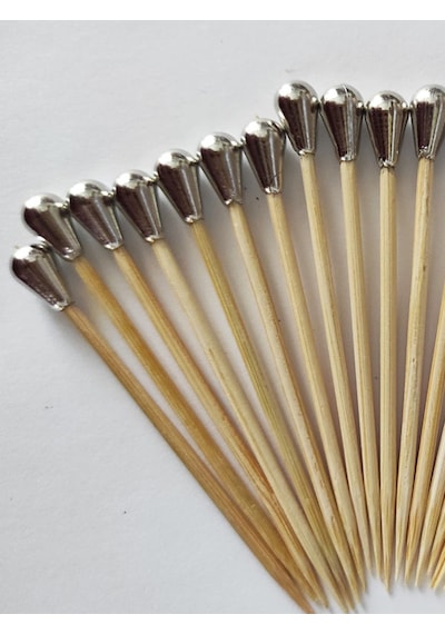 100 Adet Dekoratif Gümüş Mini Damla İnci Boncuklu Pasta Kürdanı 6,5 Cm - Boncuk 8 Mm