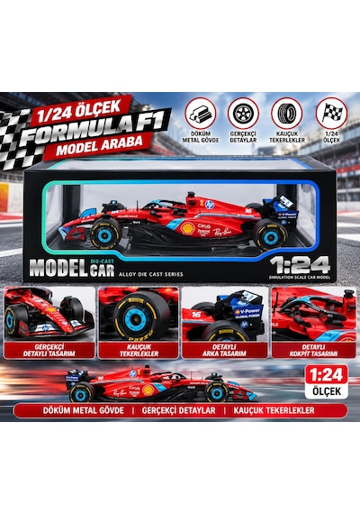 1:24 Formula F1 Kırmızı Metal Model Araba Detaylı Yarış Aracı
