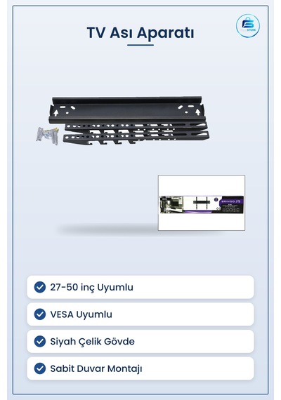 Tv Askı Aparatı Sabit İle 50 İnç Lcd Led 56x127 Cm Siyah Çelik Du