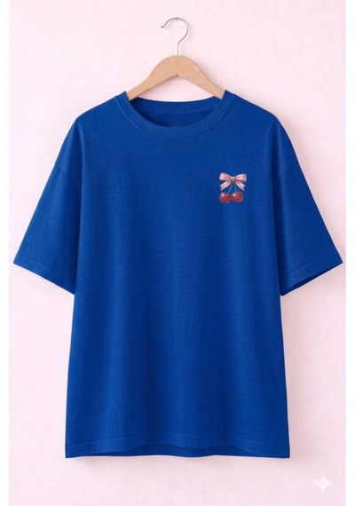 Minimal Kiraz Desenli Baskılı T-shirt Mavi