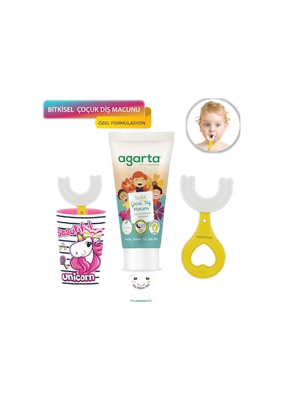 Mas Lord U Tipi Yeni Nesil Diş Fırçası Seti - Pembe Fırçalık + Sarı Kalp 2-6 Yaş +Agarta Çocuk Diş Macunu