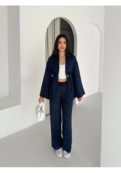 Kadın Simli Uzun Kol Modal Kumaş Kimono Pantolon İkili Takım Şık Ve Rahat Kadın Takım Lacivert Kadın Simli Uzun Kol Modal Kumaş Kimono Pantolon İkili Takım Şık Ve Rahat Kadın Takım Lacivert