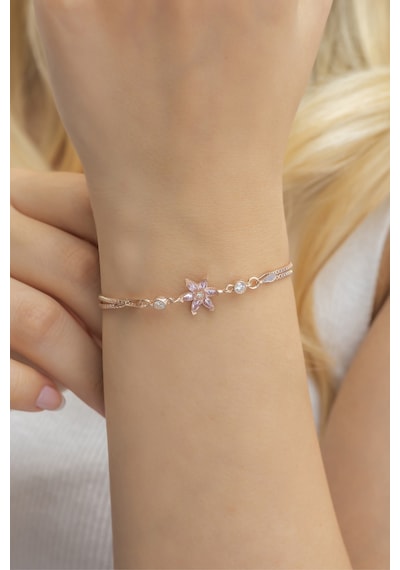 Nereze 925 Ayar Pembe Taşlı Lotus Çiçeği Gümüş Bileklik