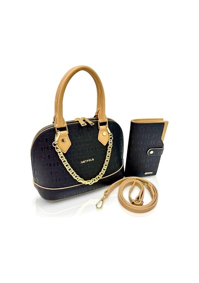 Just Polo Kadın Zincir Detaylı Lüks El & Omuz Çantası Ve Cüzdanı Kombin Shopper Ebat : 25x22 Cm Siyah - Camel