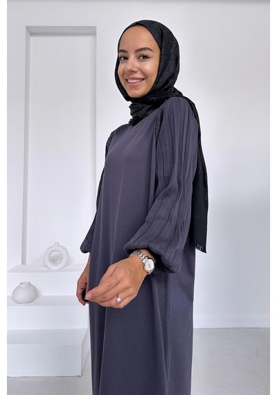 Kahijab Balon Kol Merserize Elbise - Füme