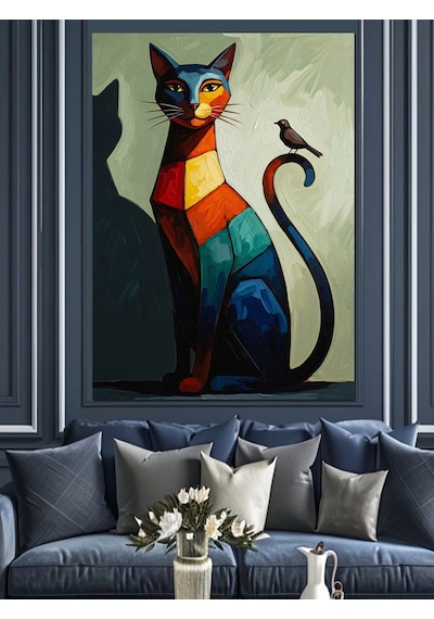 Geometrik Renkli Modern Kedi Tablosu Dekoratif Kanvas - Mdf Ahşap Tablo