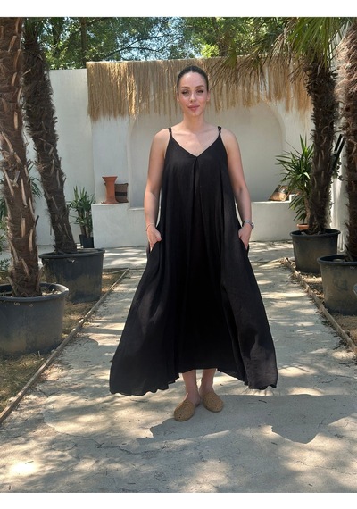 Yazlık Keten Askılı Oversize Elbise Siyah
