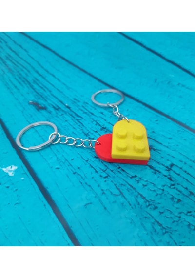 Seninle Anlam Bulurum Lego Dizayn Kalp Anahtarlık 2'li Sarı Kırmı Çok Renkli