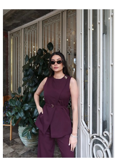 Kechi Woman Double Kumaş Astarlı Yelekli Takım Şık Cool Bordo