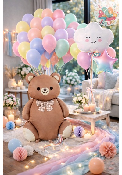 Ayıcıklı Pastel Balon Seti 30 Lu 90 Cm Ayı + Bulut + Yıldız Folyo Baby Shower Doğum Günü Dekor Kahverengi