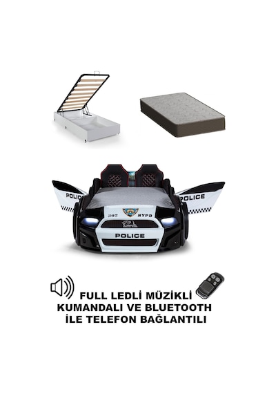 Bazalı Polis Arabalı Yatak Kapıları Açılan Mustang Full Ledli Kumandalı Ve Müzikli + Ortopedik Yatak 90x190 Cm Bazalı Polis Arabalı Yatak Kapıları Açılan Mustang Full Ledli Kumandalı Ve Müzikli + Ortopedik Yatak 90x190 Cm