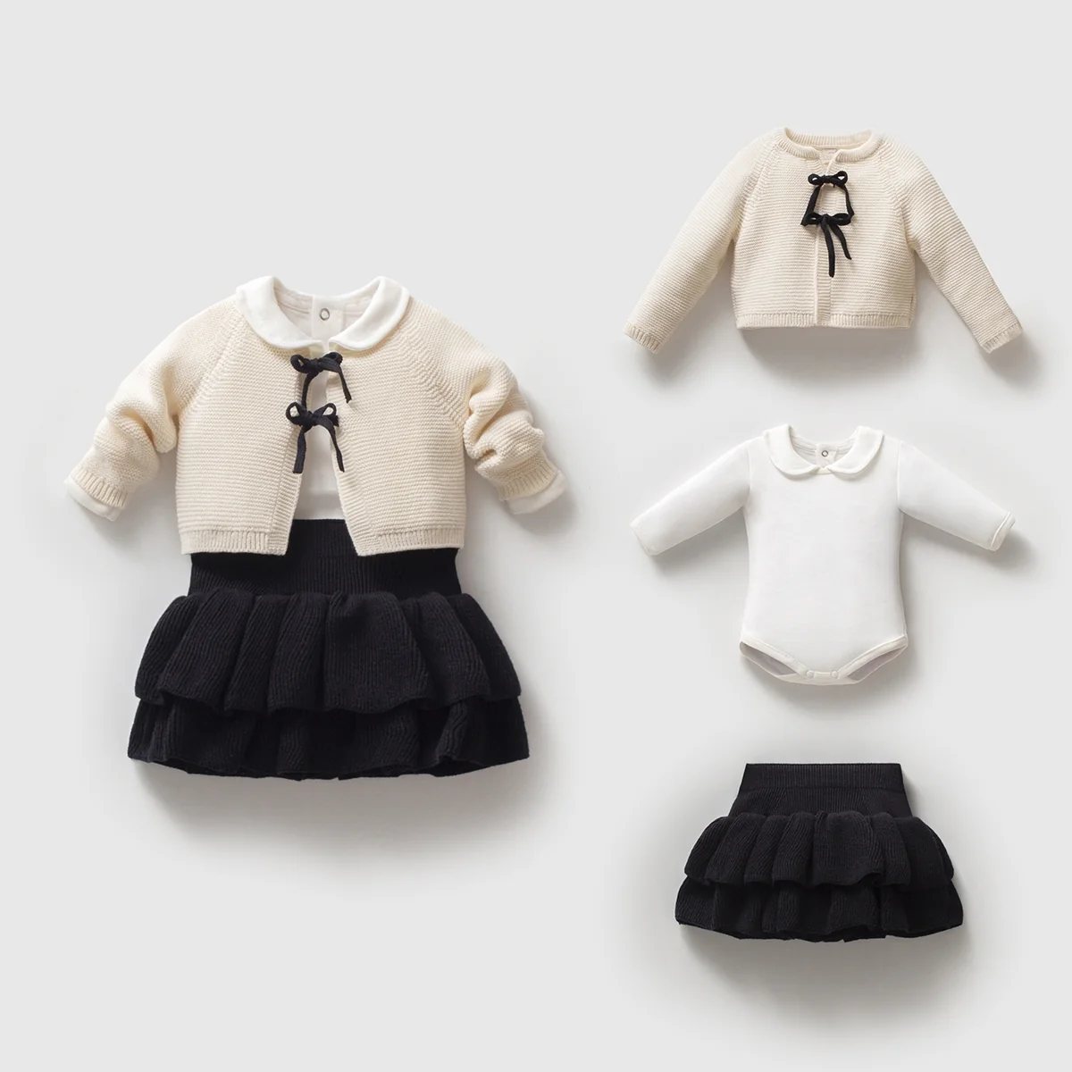 Momercy Adorable Kız Bebek Triko Hırka Body Ve Etek - Siyah Ekru - Siyah