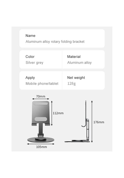 Nr2 Masaüstü Telefon Tutucu Döner Alüminyum Paslanmaz Çelik Gri