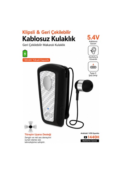 Exenar - Siyah - Titreşimli Kablosuz Makaralı Kulaklık Titreşimli Bluetooth Kulaklık 15 Saat