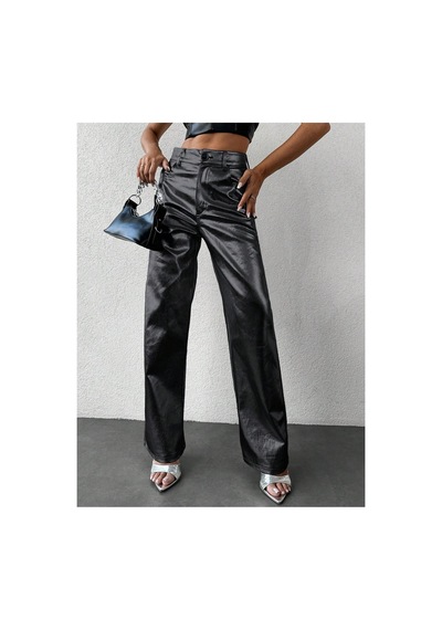 Kene Jeans Kadın Siyah Bol Paça Deri Pantolon Siyah
