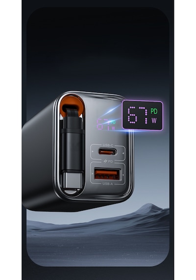 67w Gan Lcd Göstergeli Hızlı Şarj Adaptörü Dahili Type-c Kablo 1xusb Pd 1xtype-c