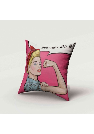Pop Art We Can Do It Baskılı Elyaf Dolgulu Kırlent Ve Kırlent Kılıfı İçi Dolu Beyaz