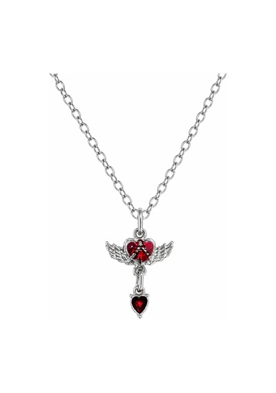 Kırmızı Kalp Kanatlı Gotik Kolye Gümüş Renk Zincir Unisex Çok renkli