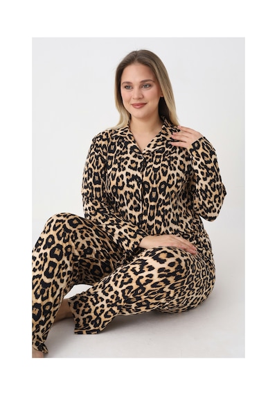 Estiva Kadın Kaplan Desenli Kahverengi Önden Düğmeli Soft Battal Pijama Takımı Çok renkli