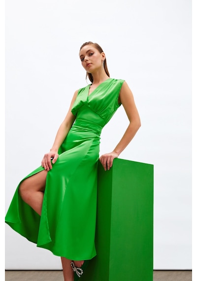 Sateen Yırtmaçlı Saten Etek - Yeşil