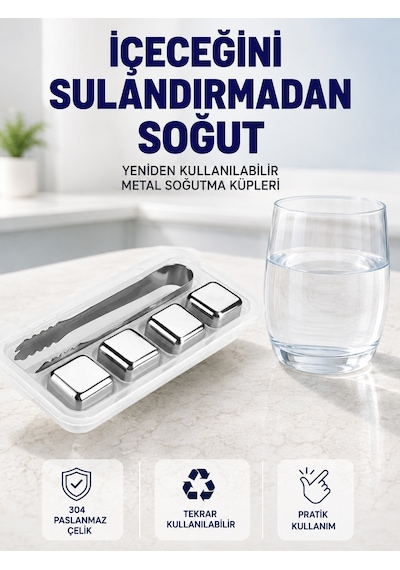Paslanmaz Çelikten Üretilmiş Metal Buz Küpü Seti Ve Buz Klipsi - Lisinya Gümüş