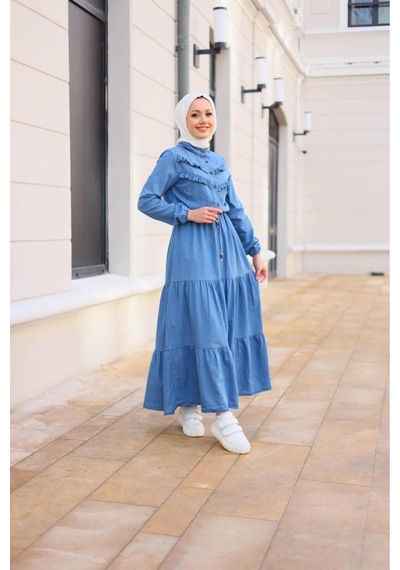 Harman Butik Kadın Fır Fırlı Denim Kot Elbise Açık Mavi Açık Mavi