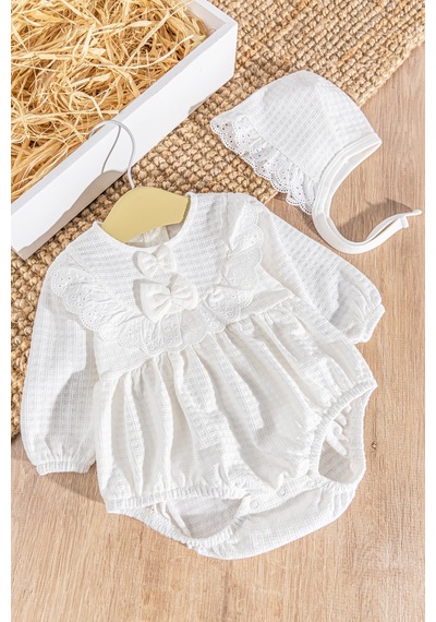 Babymod Güpürlü Şapkalı Kendinden Desenli Kız Bebek Tulum 001