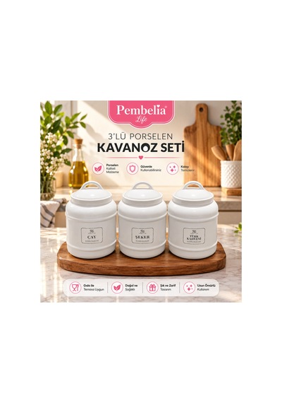 3 Lü Porselen 1000 Ml Bakliyat Baharat Çay Şeker Kahve Saklama Kavanozu Kavanoz Takımı Beyaz Beyaz