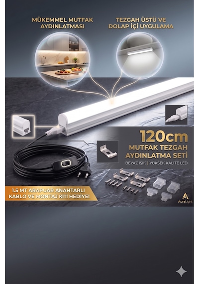 18w T5 Bant Armatür Led Mutfak Tezgah Altı Aydınlatma Seti ,120cm Led Tak Çalıştır, 1.5 Metre Ara Puarlı Kablolu Fişli, Beyaz Beyaz