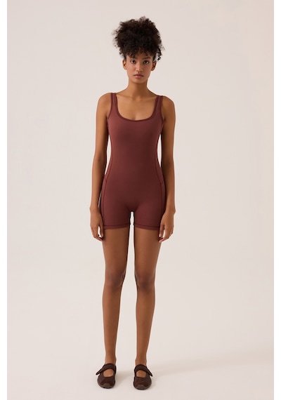 Los Ojos X Ece Bordo Kare Yaka Askılı Kısa Spor Tulum Unitard Bordo Bordo