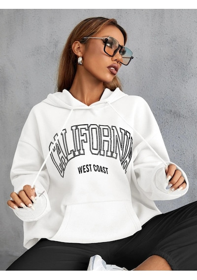 Unisex Calıfornia Baskılı Kapüşonlu Sweatshirt Beyaz Beyaz