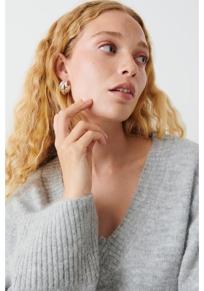 Madmext Gri V Yaka Oversize Kadın Triko Kazak Mg2149-gri Gri