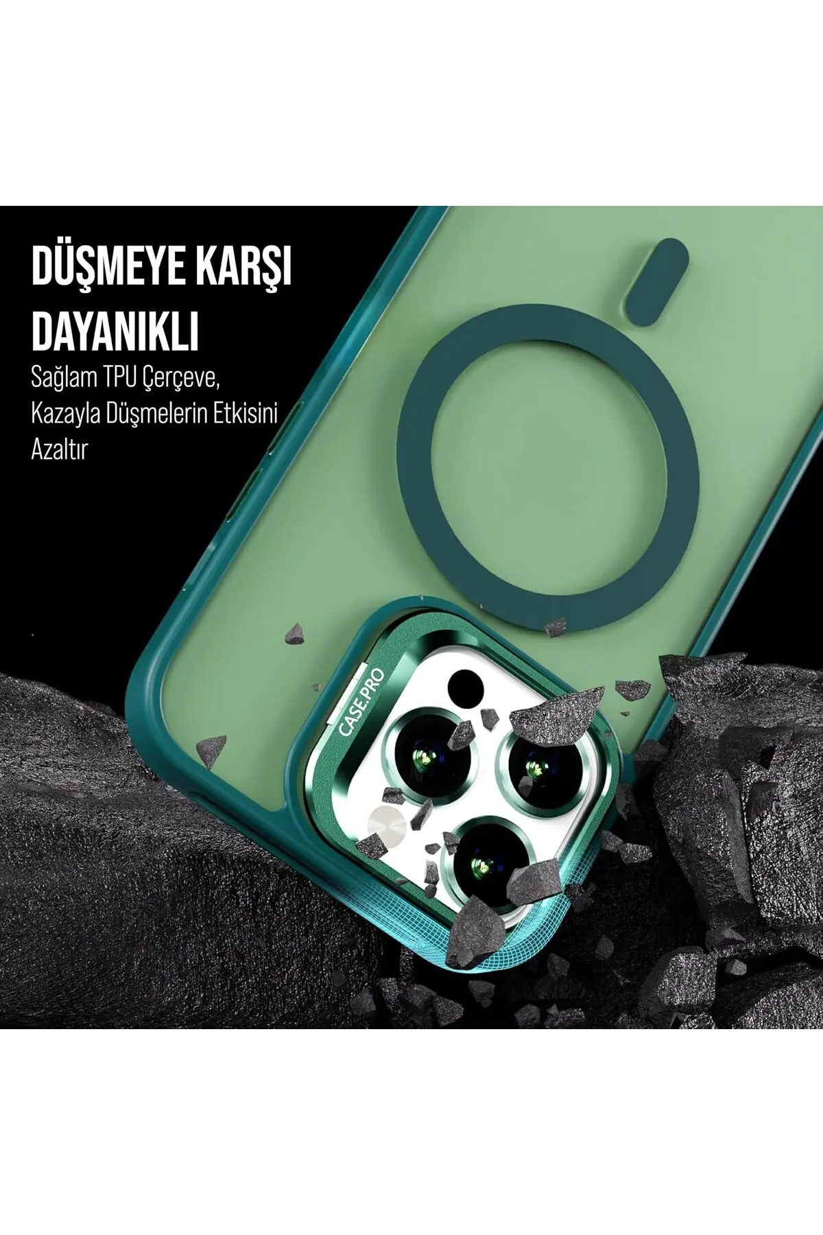 İphone 15 Pro Uyumlu Magsafe Kılıf Mıknatıslı Standlı Darbeye Dayanıklı Mat Şeffaf Arka Kapak Lens li Yeşil