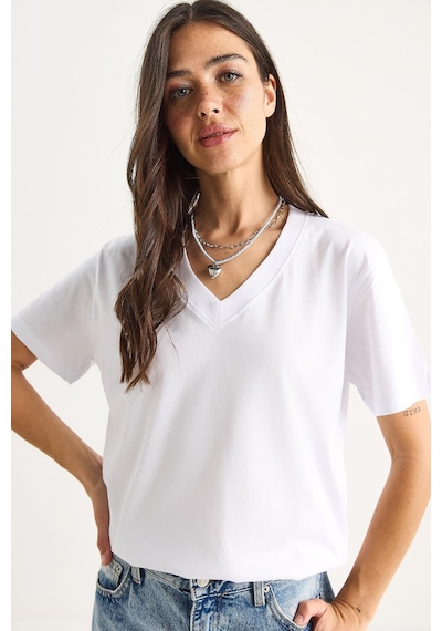 Shade Pamuk Derin V Yakalı Comfort Fit T-shirt 60602066 - Beyaz L