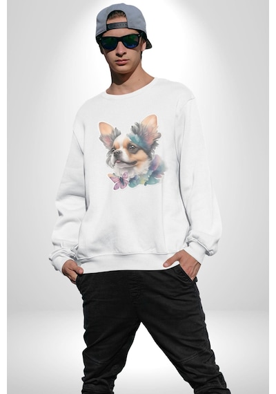 Chihuahua Köpek Unisex Beyaz Baskılı Sweatshirt Beyaz