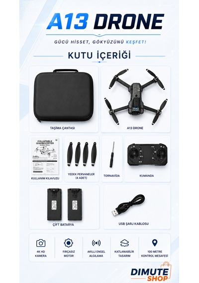 A13 Drone Çift Bataryalı 4k Hd Kameralı Fırçasız Motor Akıllı Engel Sensörlü Katlanabilir Drone