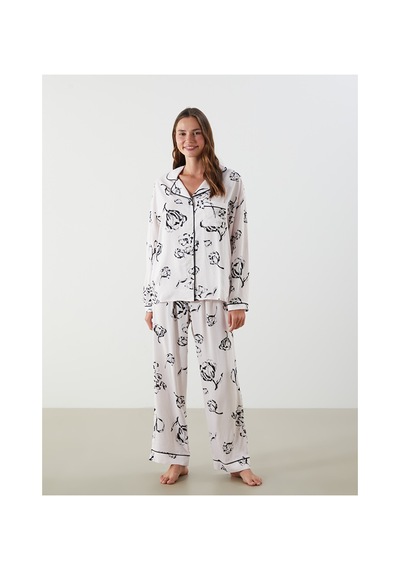 Lcw Dream Bej Gömlek Yaka Baskılı Kadın Pijama Takımı