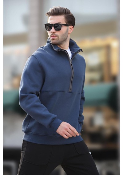 Madmext Lacivert Dik Yaka Yarım Fermuarlı Sweatshirt 7079 Lacivert
