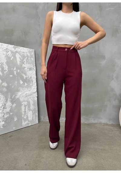 New Journal Kadın Bordo Yüksek Bel Pileli Plazzo Kumaş Pantolon Nwj-1000500018 Bordo