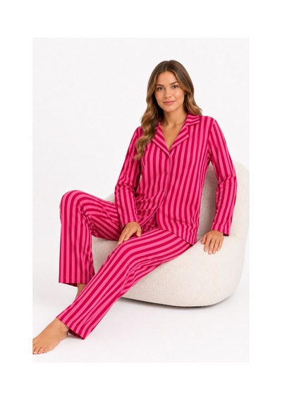 Sleeproom Kadın Süet Mevsimlik Uzun Kol Pembe Pembe Çizgi Desen Pijama Takımı
