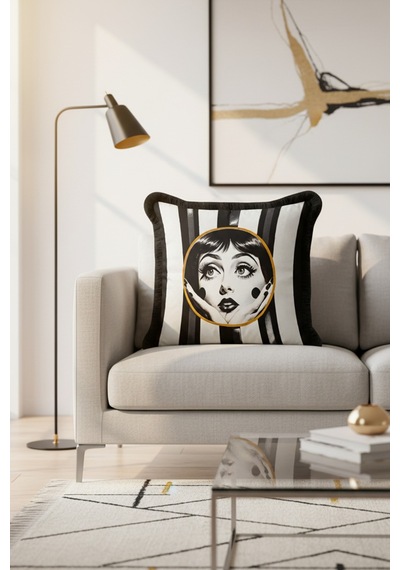 Art Deco Yüz İllüstrasyonlu Saçaklı Yastık Kılıfı-çizgili Monokrom Modern Püsküllü Kırlent Kılıfı Grili Kül