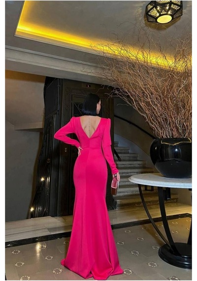 DefyModa Kadın V Yaka Taş Detaylı Uzun Kollu Abiye Elbise Fuşya